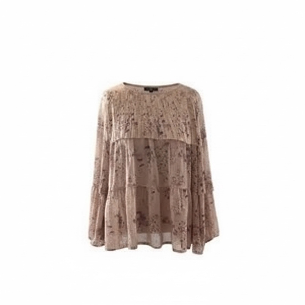 Eri+ Ali Women's Beige Floral Plated Hem Tunic Ruffle Crew Neck‎ Blouse Large